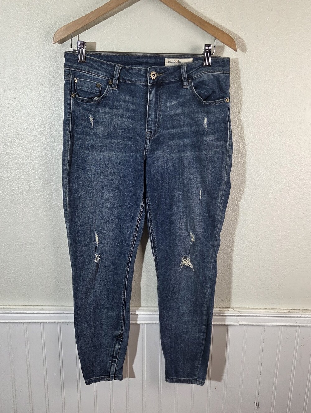 Pistola Jeans Women's 31 Distressed Skinny Ankle Zipper Hem Blue Stretch Denim